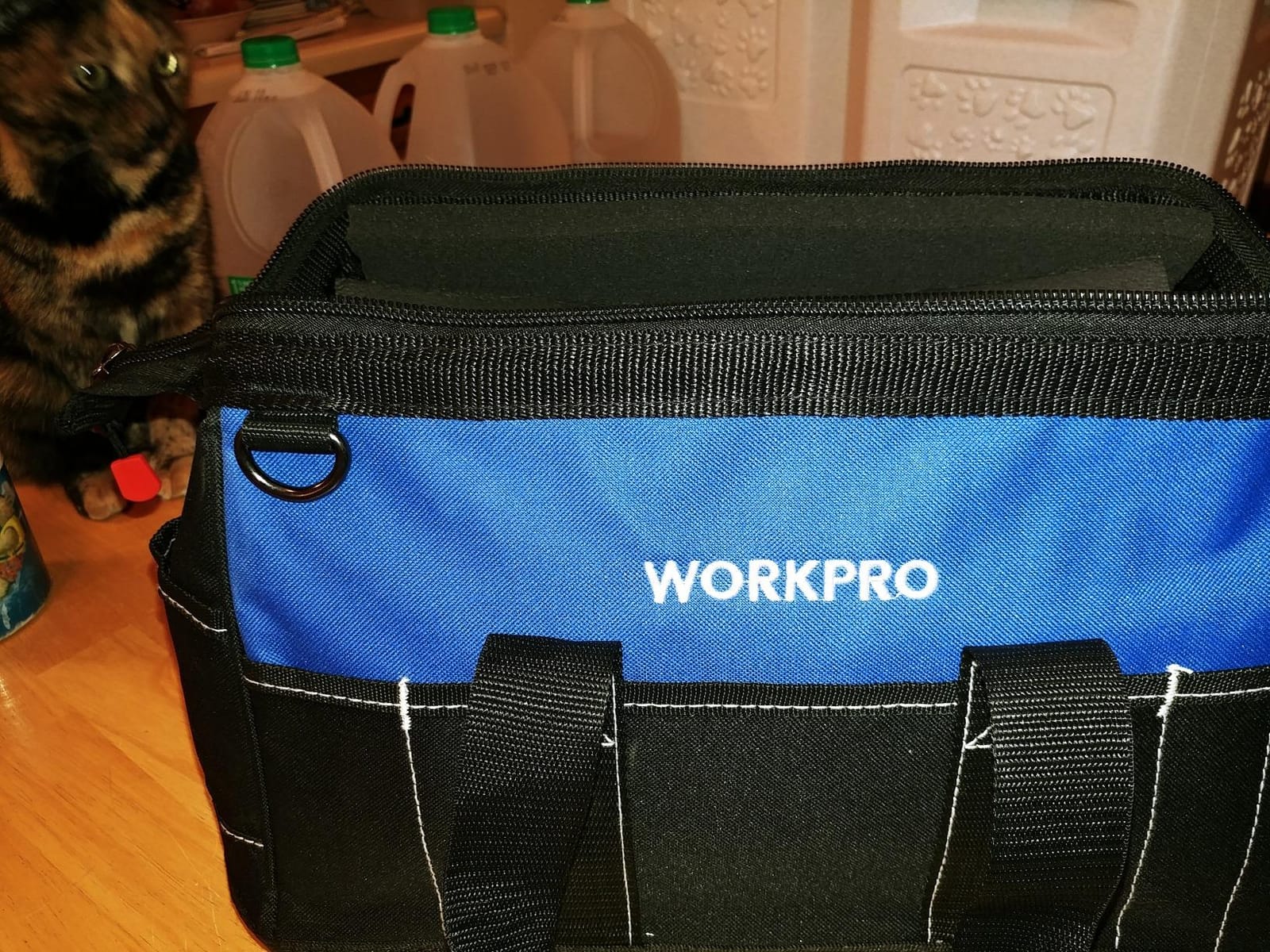 WORKPRO 16-inch Wide Mouth Tool Bag with Water-Proof Molded Base | Multi-Pocket, Heavy Duty Cloth, Adjustable Shoulder Strap, Double-pull Zipper customer photo 2