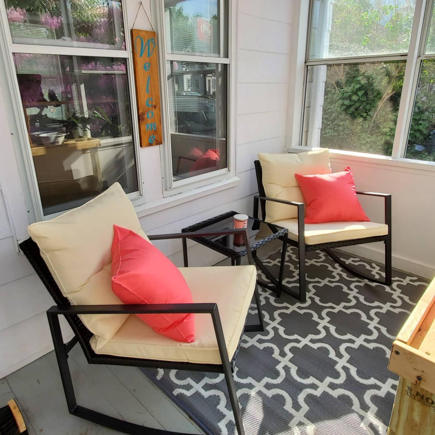 SUNCROWN 3 Piece Outdoor Rocking Bistro Set Brown Wicker Furniture Porch Chairs Conversation Sets with Glass Coffee Table, Beige customer photo 1