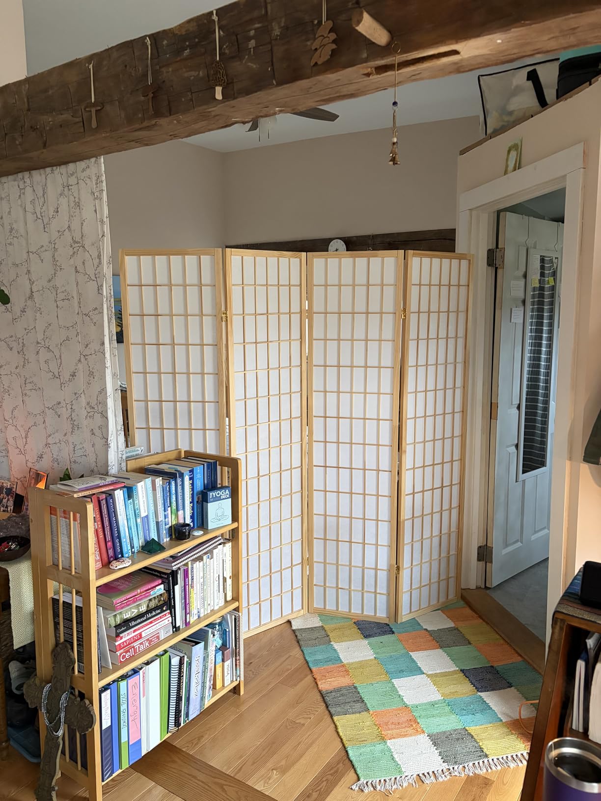 Roundhill Furniture Oriental Shoji 4 Panel Screen Room Divider, Natual customer photo 2