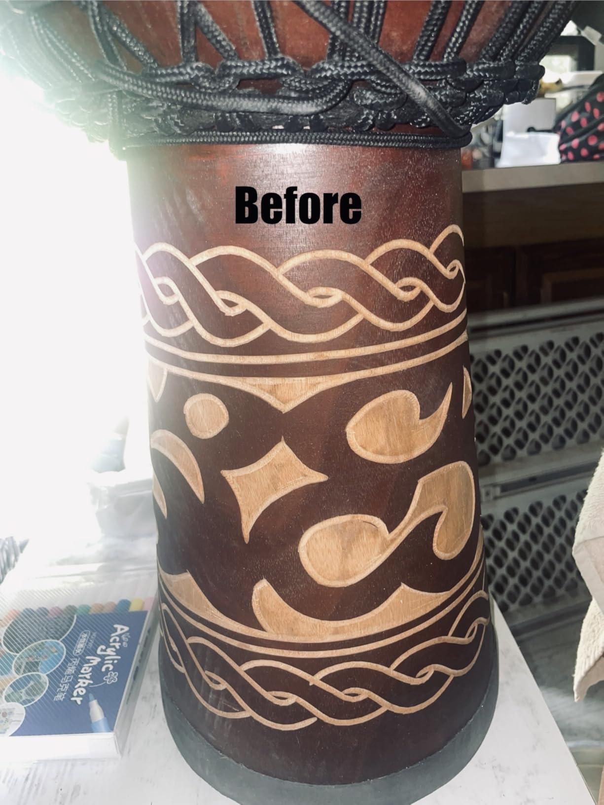Terre Djembe Standard Line Carved - Mahogany Wood with Natural Goat Skin, 24