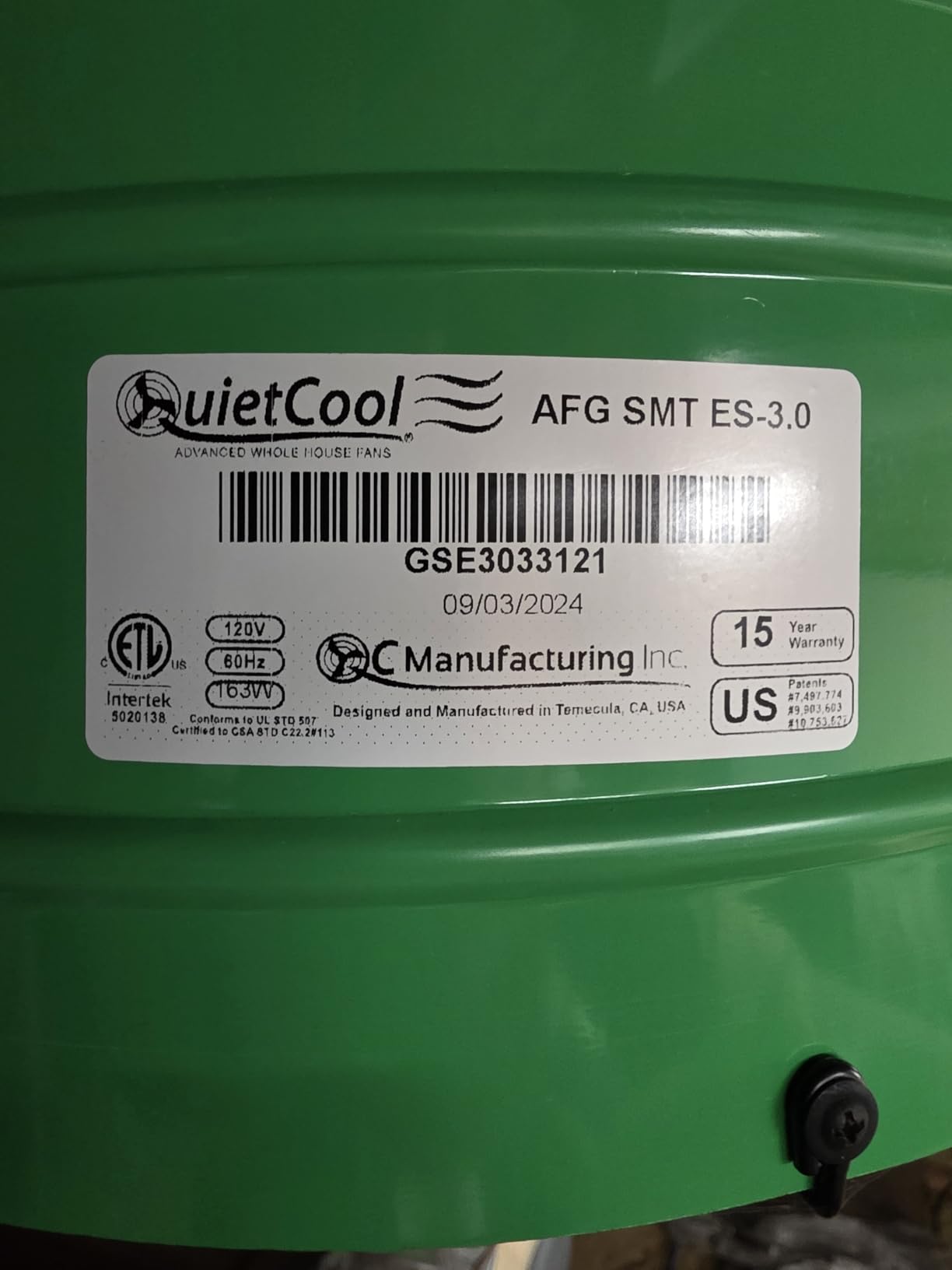 Quietcool AFG SMT ES-3.0 Smart Attic Fan for Gable Vents - Up to 2801 CFM - As low as 22 Watts - Smart App Control - Thermostat and Humidistat - 20ft Power Cord - Plug-and-play - Three Speed customer photo 1