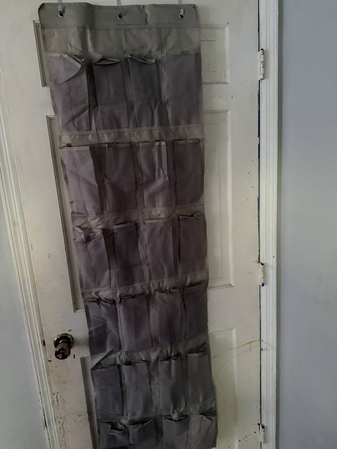 Amazon Basics 24 Medium Mesh Pocket Over-the-Door Hanging Shoe Organizer, Space Saving Shoe Storage, Light Grey | Over-the-Door customer photo 2