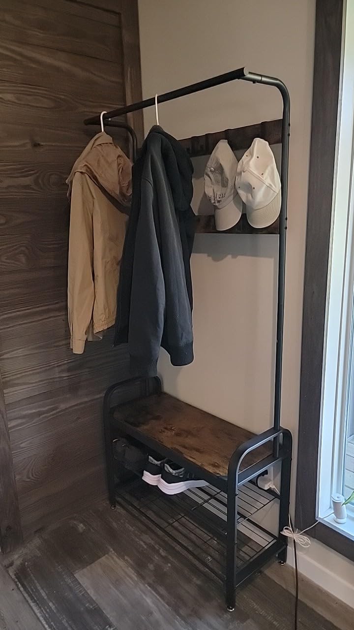 VASAGLE Coat Rack, Hall Tree with Shoe Bench for Entryway, 4-in-1, with 9 Removable Hooks and Hanging Rod, Rustic Brown and Black customer photo 1