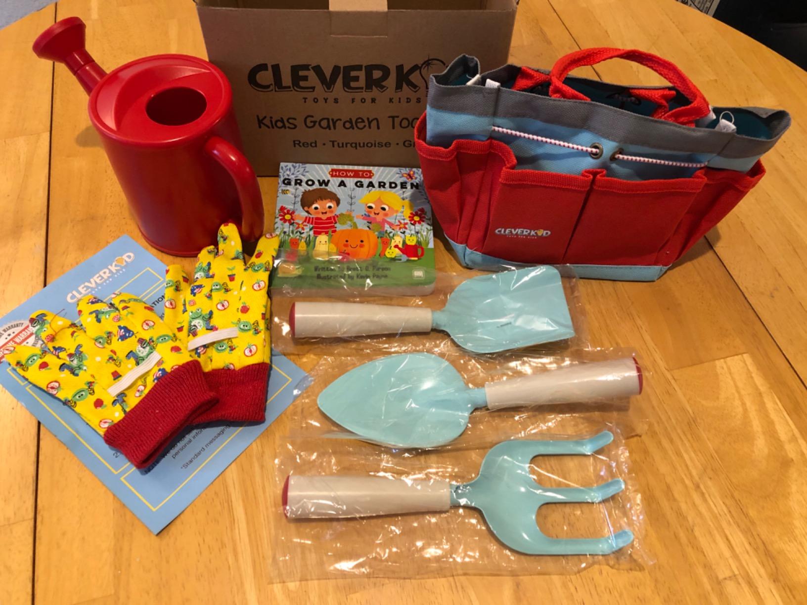 Kids Gardening Set - Toddler Gardening Kit Includes Watering Can for Kids, Shovel, Rake, Plant Stakes, Kids Gardening Gloves, Tote Bag & STEM Learning Gardening Guide Book - Garden Tool Set RED customer photo 1
