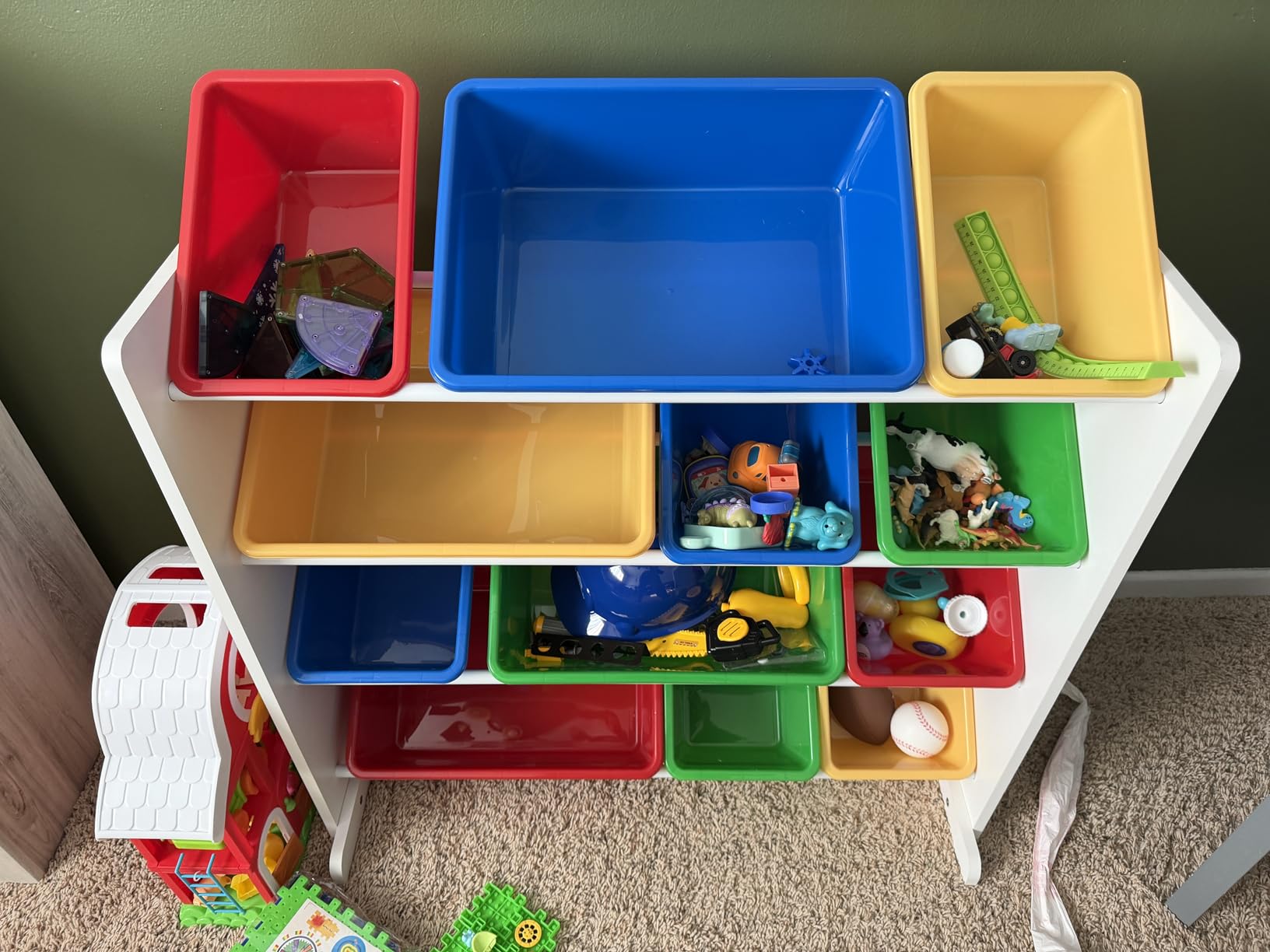 Humble Crew Kids Toy Organizer with 12 Bins, 4 Tier Storage for Playroom | Sturdy wood and steel toddler shelf, removable BPA-free containers, wall anchor anti-tip safety kit for bedroom or classroom customer photo 1