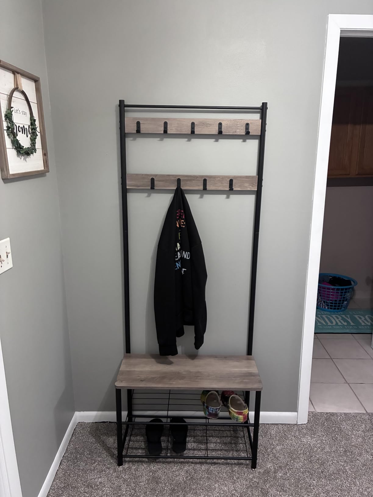 VASAGLE Coat Rack, Hall Tree with Shoe Storage Bench, Entryway Bench with Shoe Storage, 3-in-1, Steel Frame, for Entryway, 12.6 x 27.6 x 68.9 Inches, Industrial, Rustic Brown and Black UHSR41BX customer photo 1