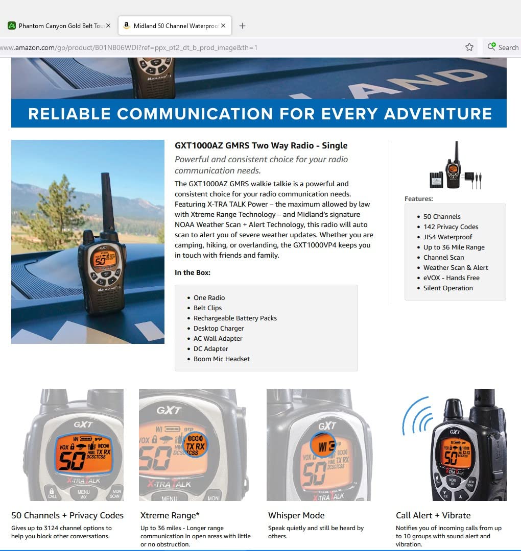 Midland GXT1000X3VP4 GMRS Two-Way Radio (50-Channel, Long Range, 142 Privacy Codes, SOS, NOAA, Rechargeable Nickel Battery, Black/Silver, 3-Pack) customer photo 1