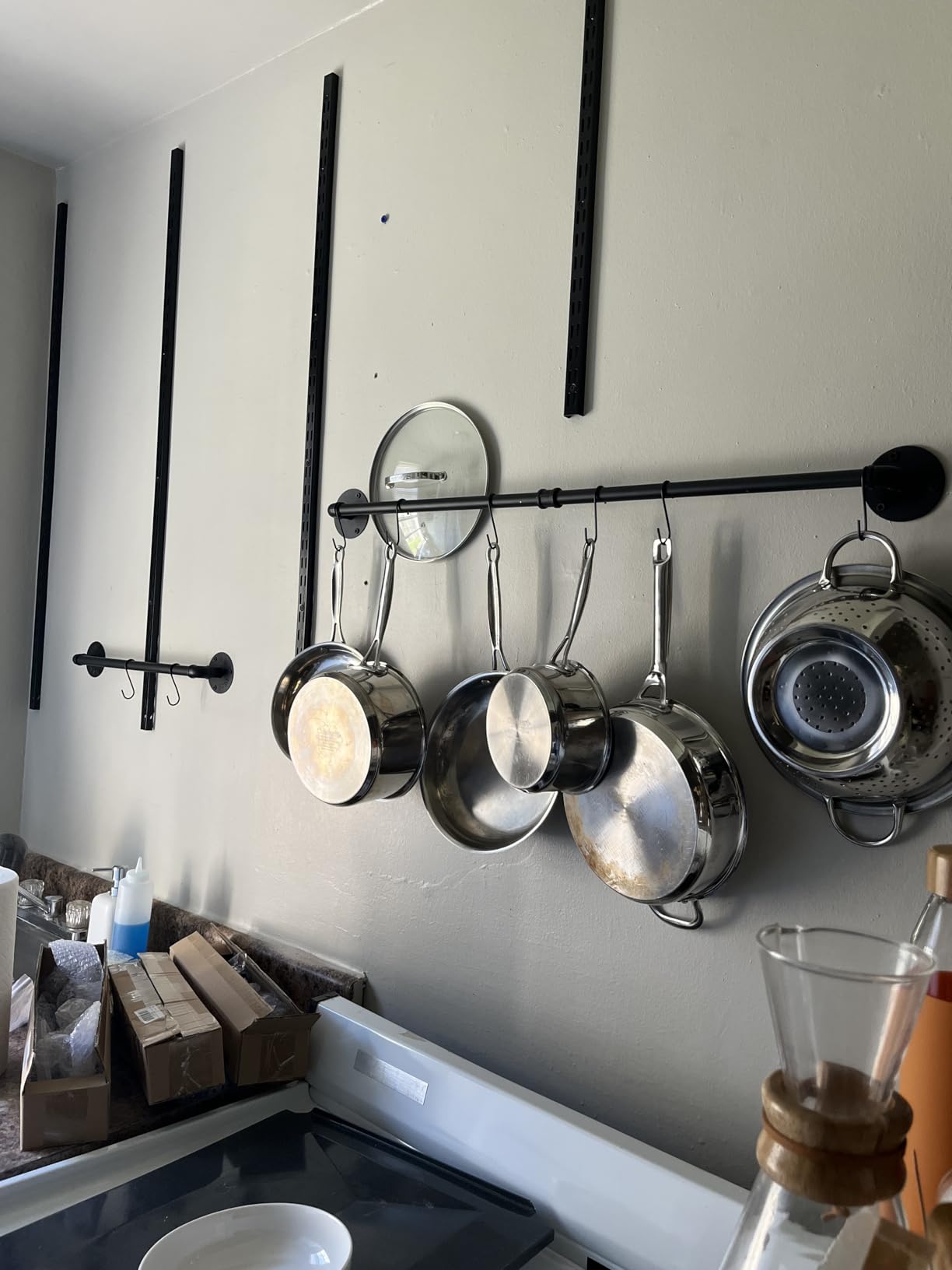 OROPY 38'' Pot Rack Wall Mounted, Iron Pipe Hanging Pot Rack, 14 S Hooks | Industrial Utensils Kitchen Hanging Rail, Pot and Pan Organizer, Pot Lid Organizer, Black customer photo 1