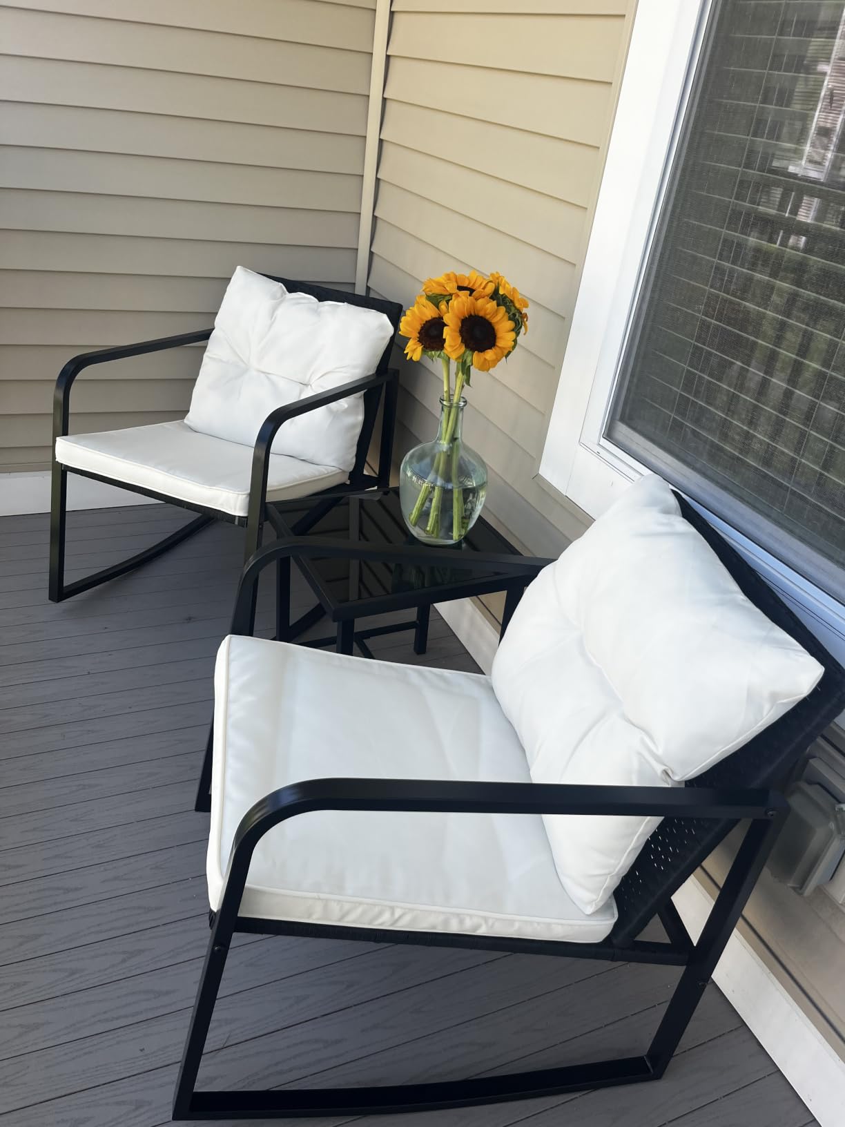 Devoko 3 Pieces Patio Furniture Set Wicker Outdoor Rocking Bistro Chair | PE Rattan Patio Conversation Sets with Glass Coffee Table for Porch, Balcony, Garden, Poolside (Beige) customer photo 1