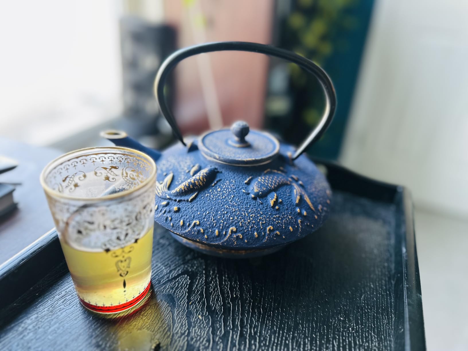 Blue Butterfly Cast Iron Tea Set, 2 Cups, 2 Saucers, Infuser & Trivet | Enamel Interior • Stainless Steel Infuser • 7-Piece Set • Induction • Gas • Electric • Ceramic • Halogen • Gift Box customer photo 2
