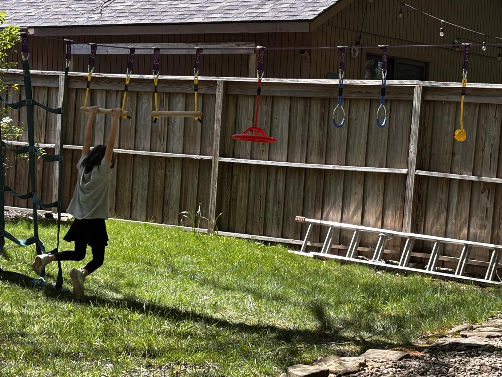 Trailblaze Ninja Warrior Obstacle Course for Kids - Ultimate Outdoor Fun 2x55 Ft Ninja Slackline Climbing Net Rope Ladder Trapeze Swing Monkey Bars - Durable and Safe Ninja Course for Kids Outside | 450lb Capacity customer photo 2