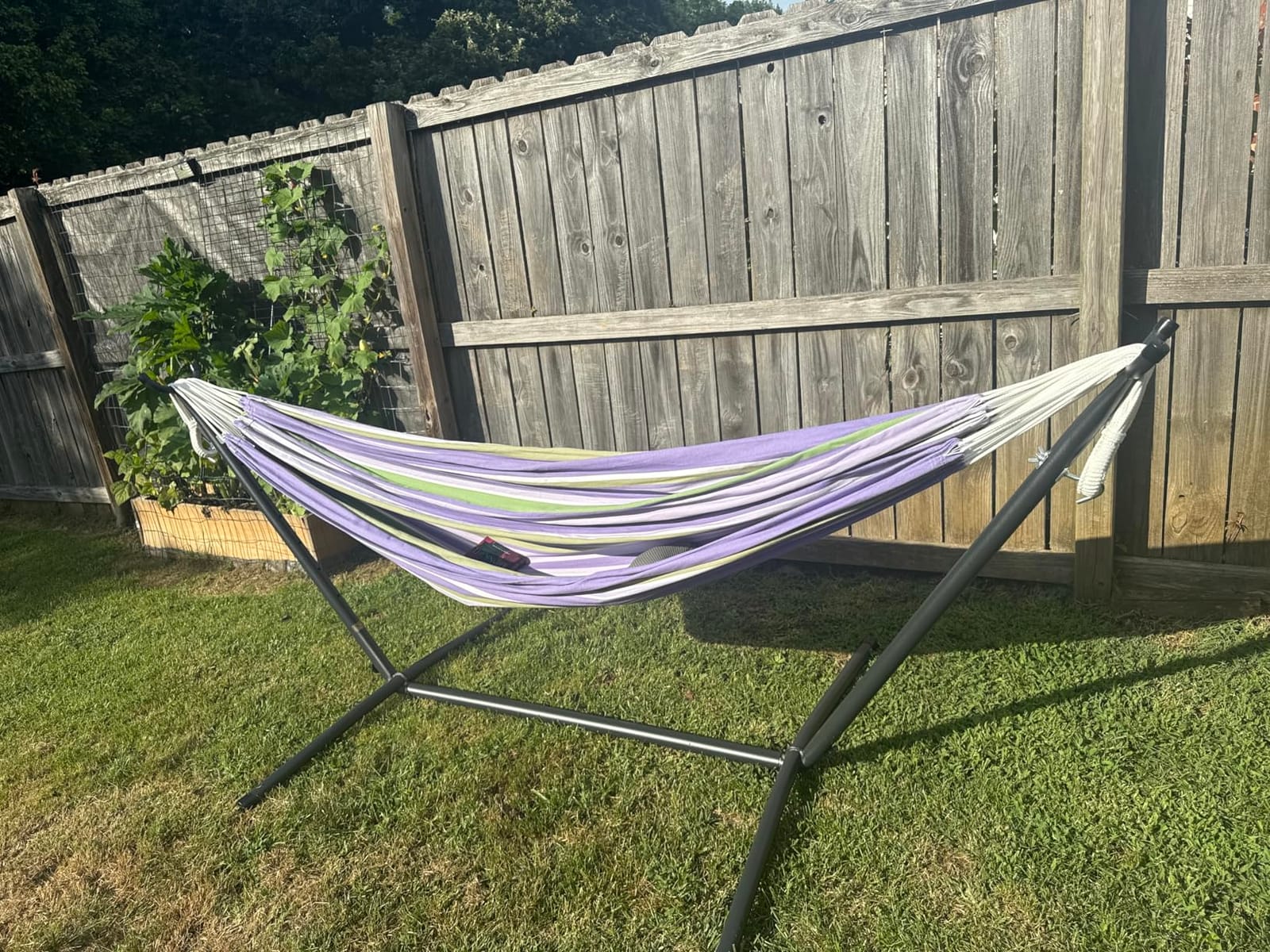 Vivere Double Cotton Hammock with Space Saving Steel Stand, Upgraded Polyester End Strings 450 lb Capacity - Premium Carry Bag Included - USA Grown Cotton (Blue Lagoon) customer photo 2