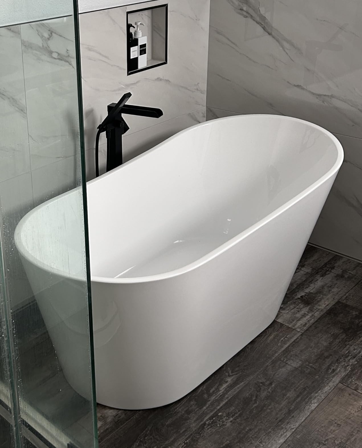 Wowkk Freestanding Bathtub Faucet Waterfall Tub Filler Brushed Nickel Floor Mount Brass Single Handle Bathroom Faucets with Hand Shower customer photo 2