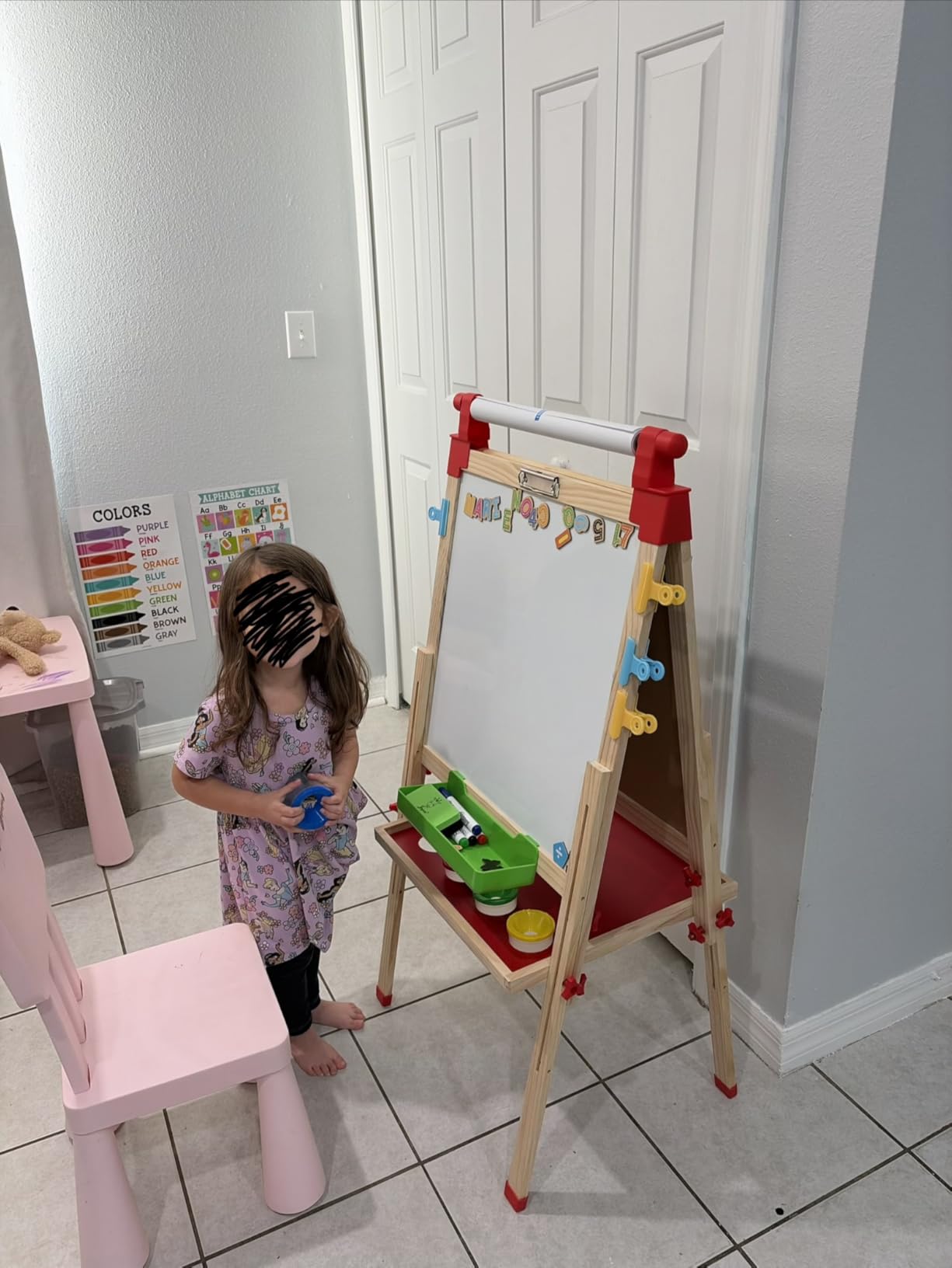 JOYOOSS Kids Wooden Easel with Paper Roll - Adjustable Magnetic Double Sided Drawing Board Whiteboard & Chalkboard Dry Easel Board,Children Art Easel for 3~12 Years Kids Boys Girls Painting Drawing customer photo 1