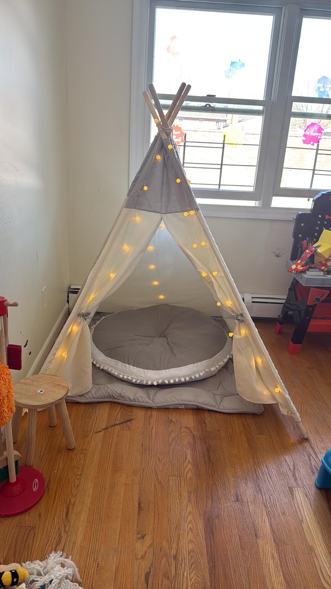 besrey Teepee Tent for Kids, Cotton Canvas Play Tent with Lights & Mat, Sturdy Toddler Tipi Tent Playhouse for Boys Girls, Foldable Indoor Outdoor Camping Reading Hideaway customer photo 2