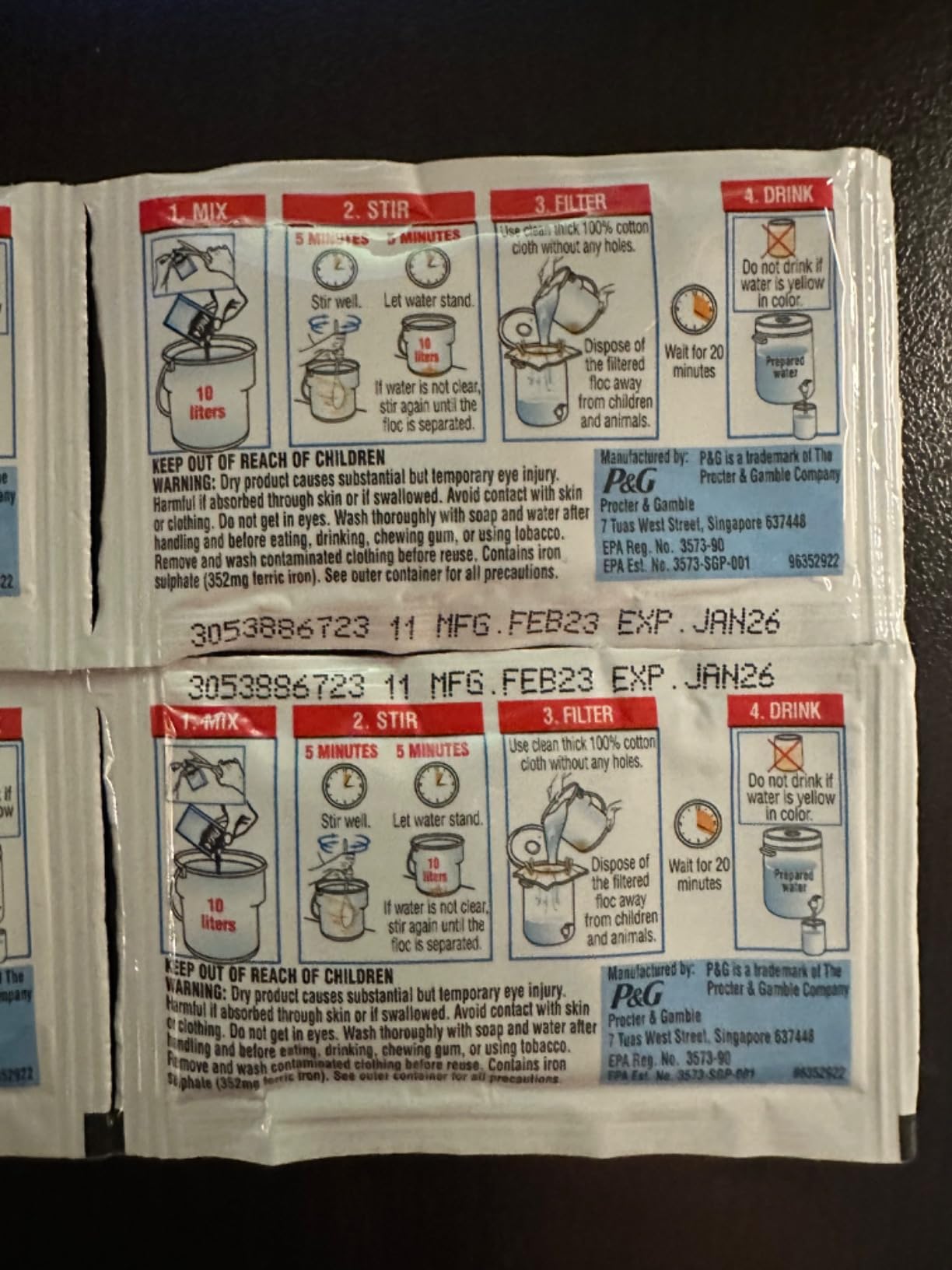 P&G Purifier of Water Portable Water Purifier Packets. Emergency Water Filter Purification Powder Packs for Camping, Hiking, Backpacking, Hunting, and Traveling. (12 Packets) customer photo 2