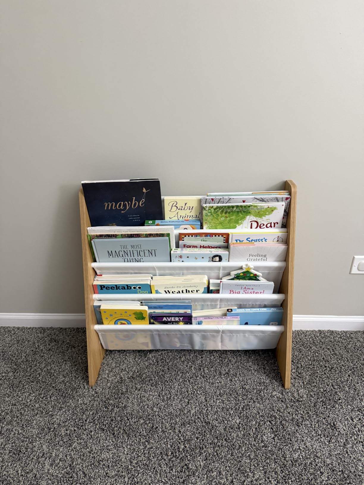 Humble Crew Kids Bookshelf, Montessori Front Facing Toddler Bookcase 4 Tier | Book display rack and reading nook organizer, nylon pockets show covers face out, compact for any playroom or bedroom space customer photo 1