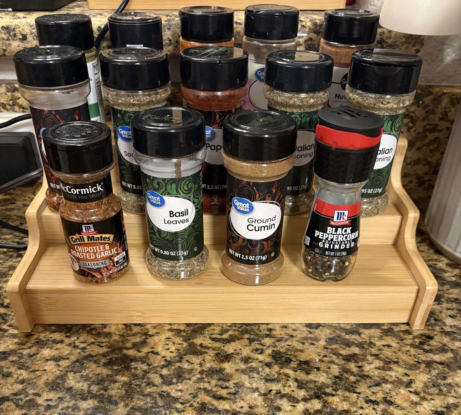 Spice Rack Kitchen Cabinet Organizer- 3 Tier Bamboo Expandable Display Shelf customer photo 1