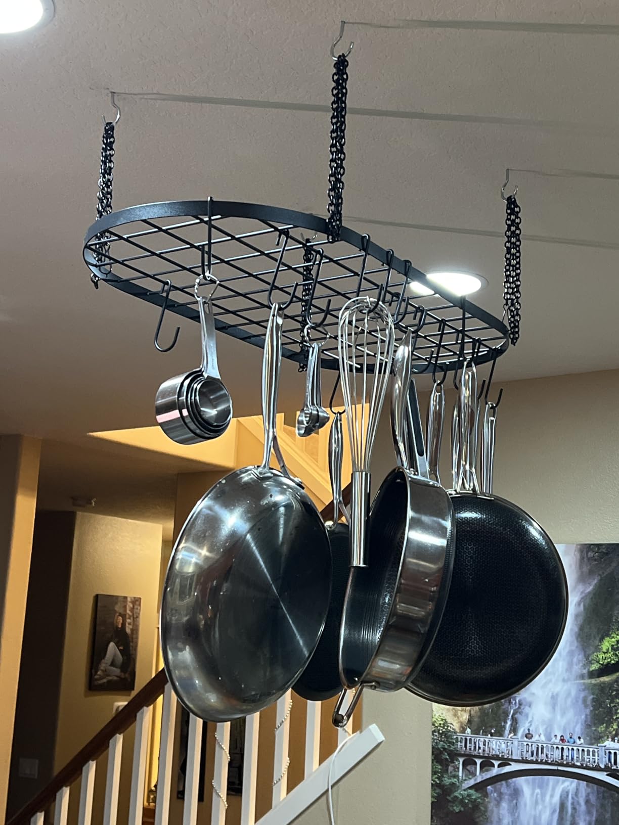 Vdomus Hanging Pot Rack - Ceiling Mount Kitchen Organizer for Pots and Pans with 15 Hooks - 33 x 17 Inches Heavy-Duty, Durable and Space-Saving Pan Holder - Silver customer photo 2