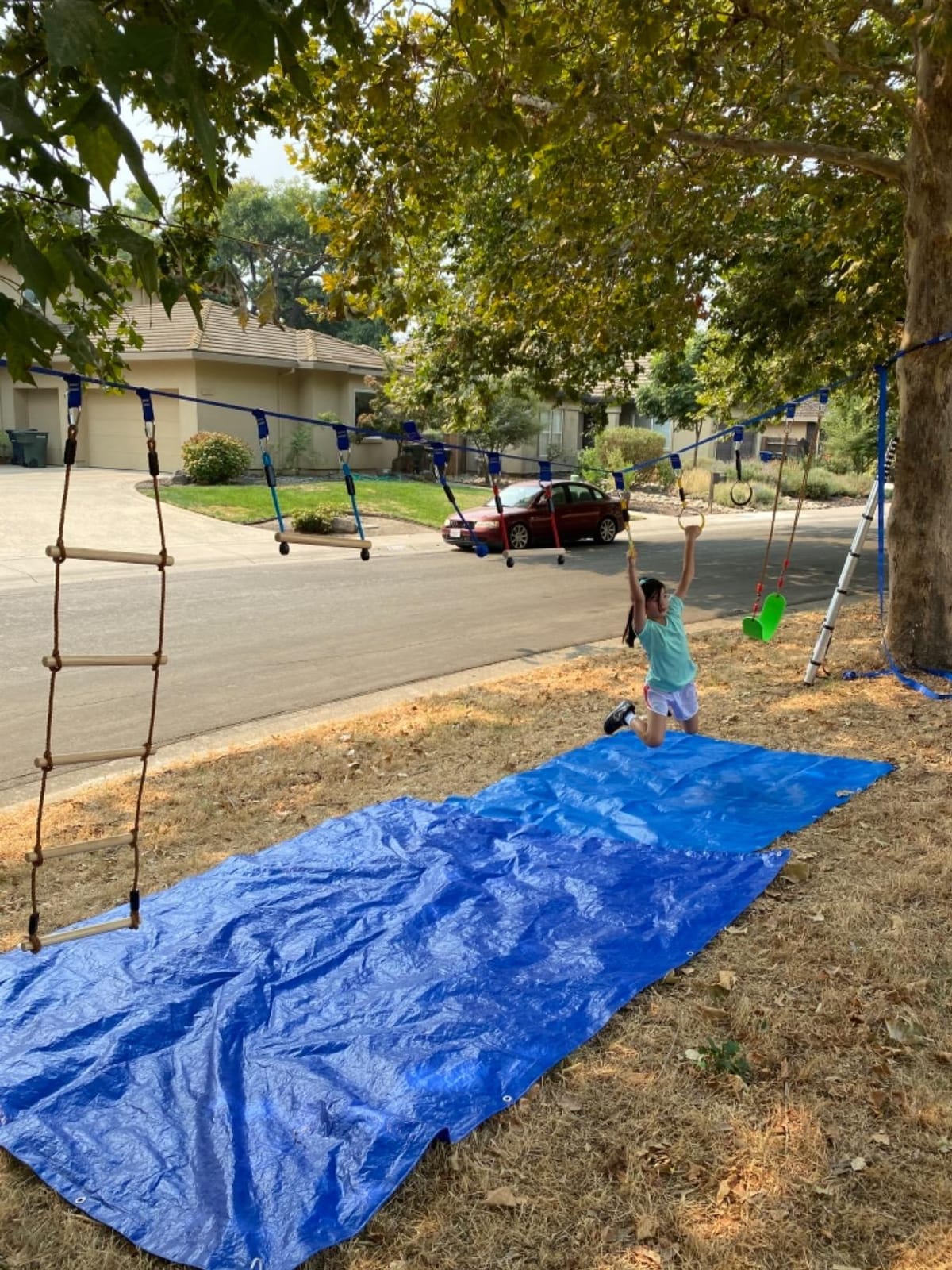 Ninja Warrior Obstacle Course for Kids, 2x56ft Slackline Kit with 8 Ninja Accessories+Fast-Setup Buckles - Monkey Bar, Rope Ladder, Gymnastic Ring, Arm Trainer and Monkey Fist, Supports 880 lbs customer photo 2