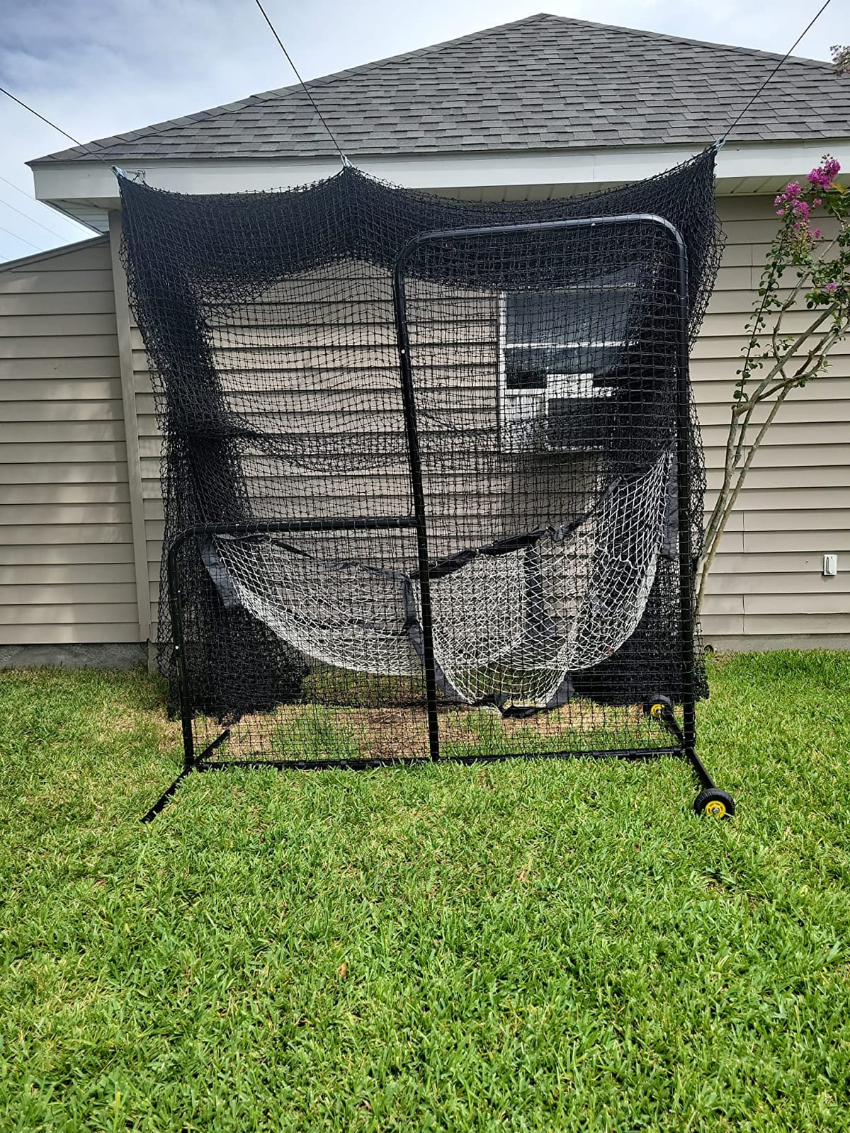 L Screen Baseball for Batting Cage | Baseball Pitching Net with Wheels-7 feet by 7 feet, 3.5 Inch by 3.5 Inch Cutout, Body Protector for Back Drive Lines Beisbol customer photo 2