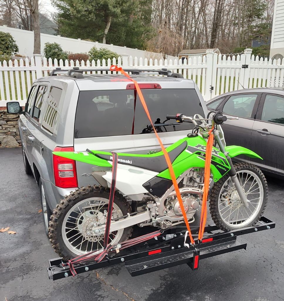ECOTRIC 500LBS Motorcycle Trailer Hitch Carrier Scooter Dirt Bike Hauler | Hitch Mount Rack with Loading Ramp Locking Device Heavy Duty Steel Motorcycle Rack for Hitch Fits 2