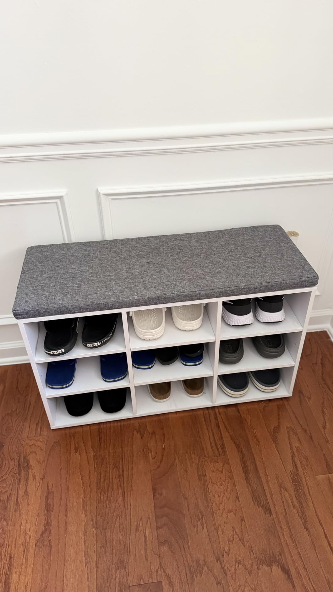 VASAGLE CUSTOS Collection - Shoe Bench, Storage Bench with Padded Seat, Entryway Bench with 15 Compartments, for Bedroom, 11.8 x 41.3 x 18.9 Inches, Cloud White and Dove Gray ULHS15WT customer photo 2