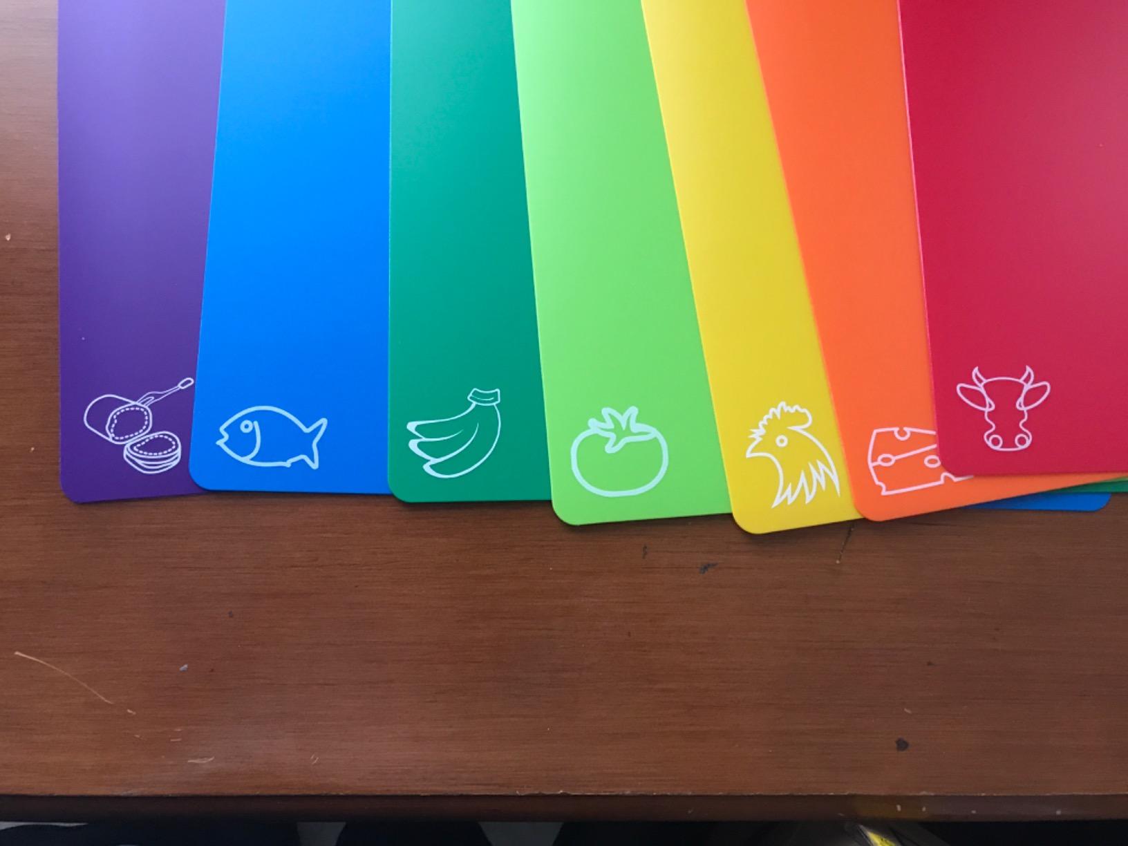 Cutting Board Mats Flexible Plastic Colored Mats with Food Icons, Fotouzy BPA-Free, Non-Porous, Anti-skid back and Dishwasher Safe, Set of 7 Rainbow - 7 Pieces customer photo 1