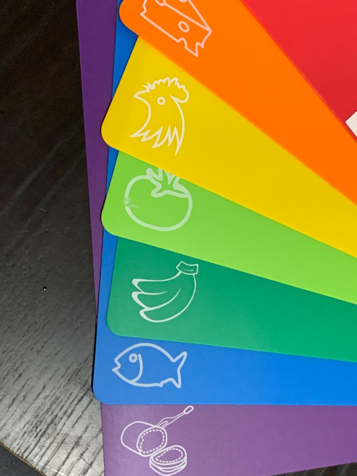 Cutting Board Mats Flexible Plastic Colored Mats with Food Icons, Fotouzy BPA-Free, Non-Porous, Anti-skid back and Dishwasher Safe, Set of 7 Rainbow - 7 Pieces customer photo 2