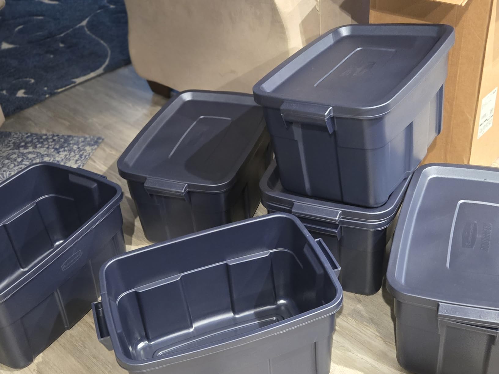Rubbermaid Roughneck Tote 14 Gal, 6 Pack, Made in USA, Dark Indigo Metallic, Rugged Plastic Stackable Storage Bins with Lids and Handles customer photo 2