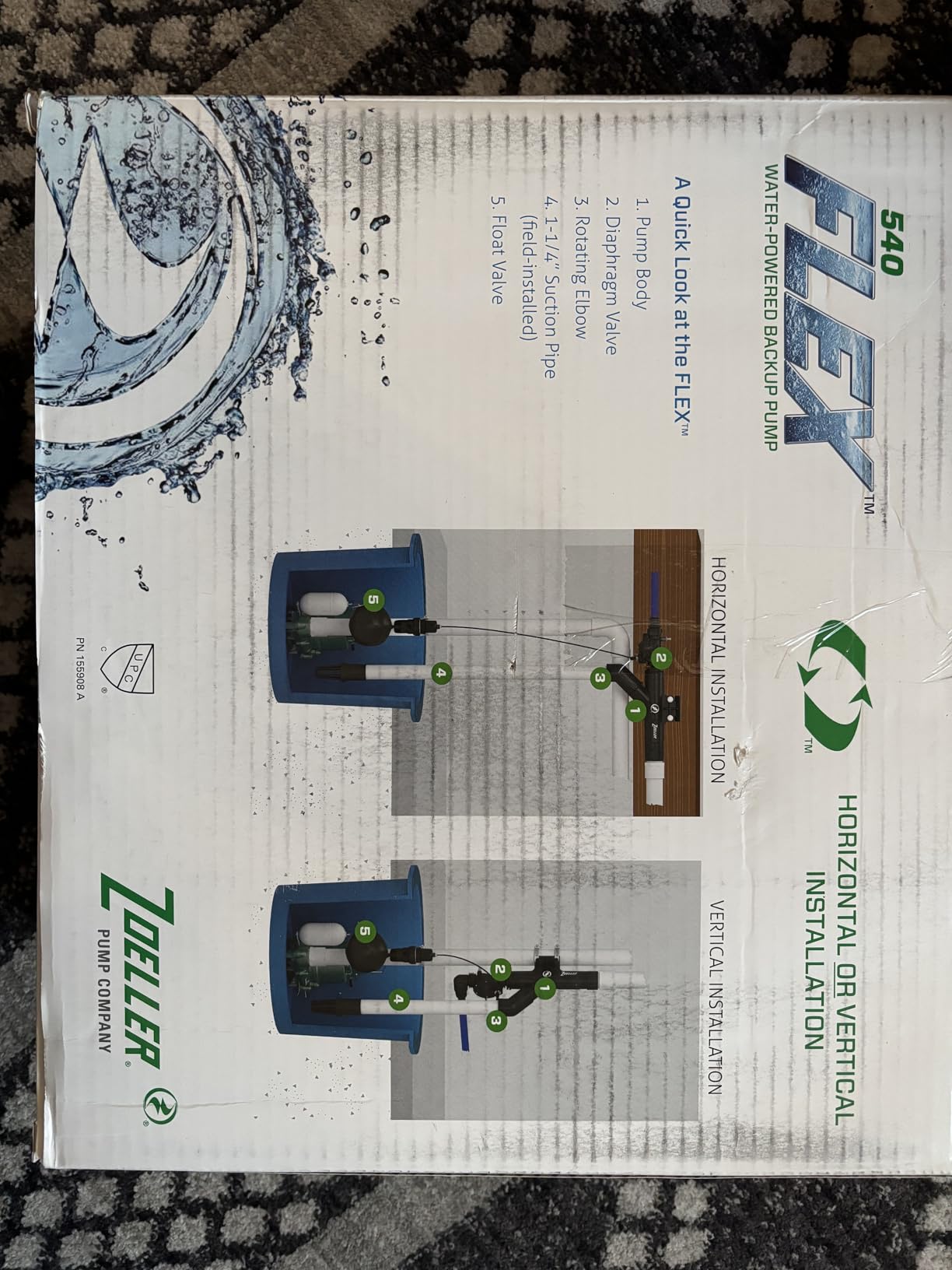 Zoeller 540 FLEX Water-Powered Backup Sump Pump System | No Battery/Electricity Required - Installs Horizontally or Vertically - During Sump Pump Failure - 3/4