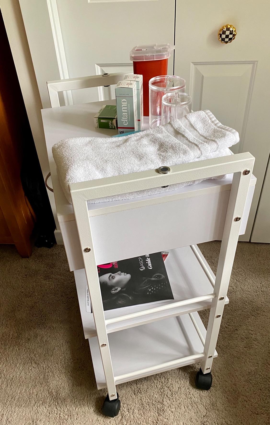 Salon Trolley Cart with Wheels, Wooden Rolling Storage Station, Mobile Utility Cabinet with 1 Drawer 2 Trays, Medical Esthetic Supply for Beauty SPA Massage Tattoo Facials, White customer photo 1