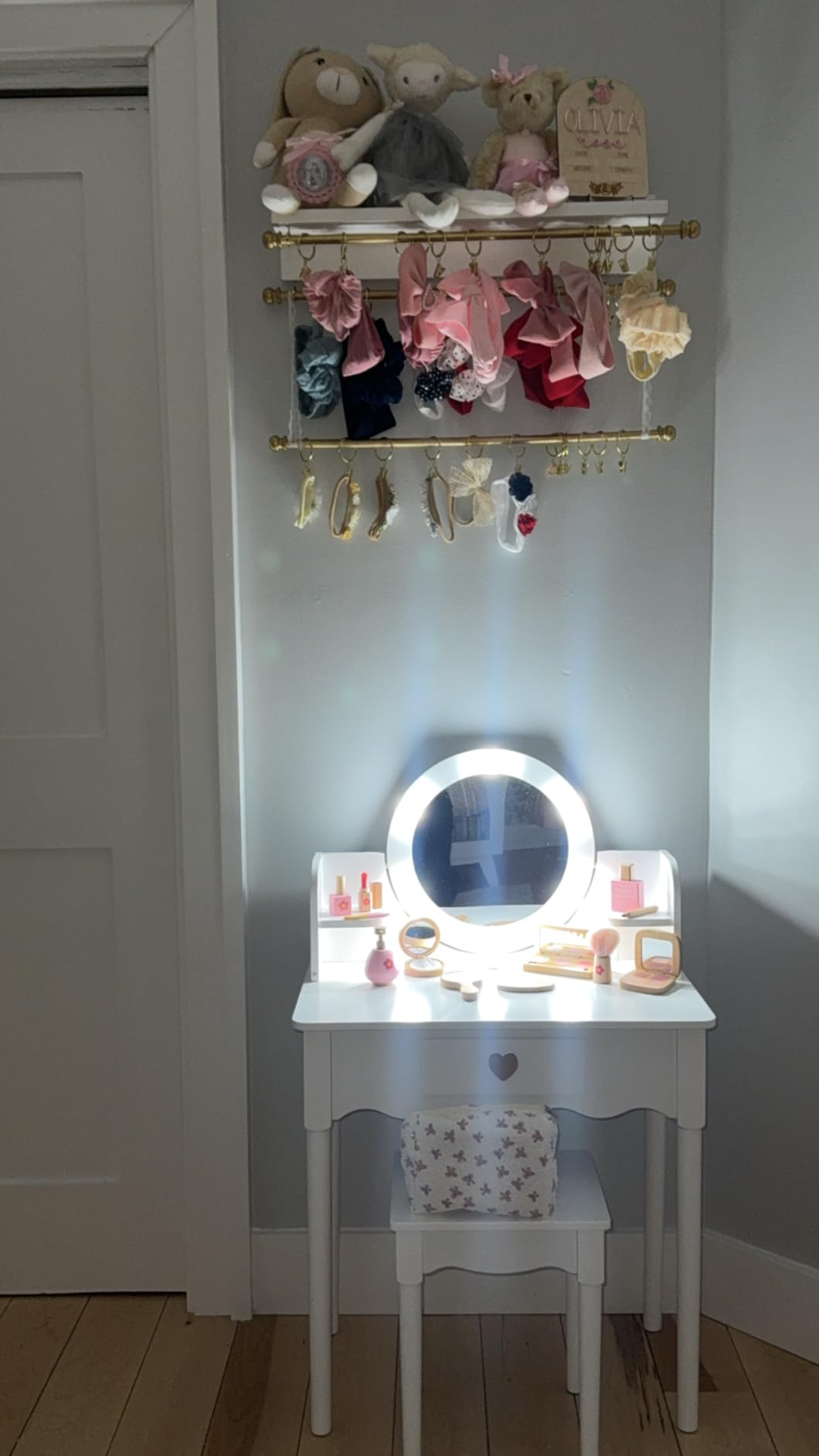 UTEX Pink Crown Princess Kids Vanity Set with Drawer for Little Girls | Wooden Toddler Vanity, Kids Vanity Table and Chair Set, Crown and Star Patterns, Gold Edge Trim, Princess Style customer photo 1