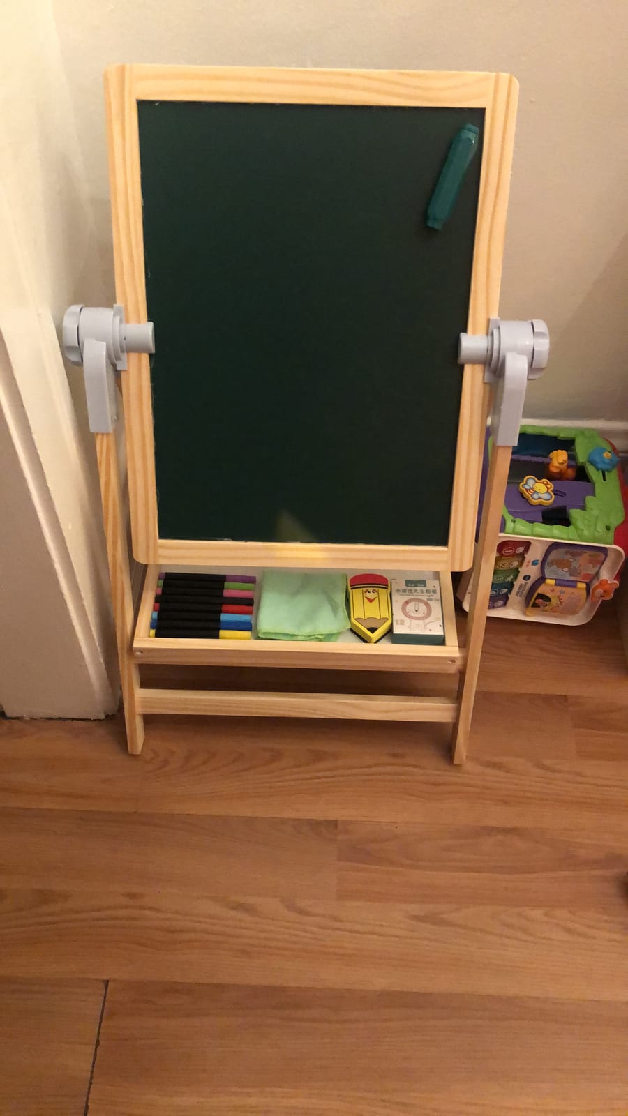 QZMTOY Kids Art Easel, Deluxe Standing Easel Set, Adjustable Art Table, Dry Erase Board&Chalkboard Double Sided Stand, 360°Rotating Drawing Easels with Art Supplies, Adjust Height 28-39in customer photo 1