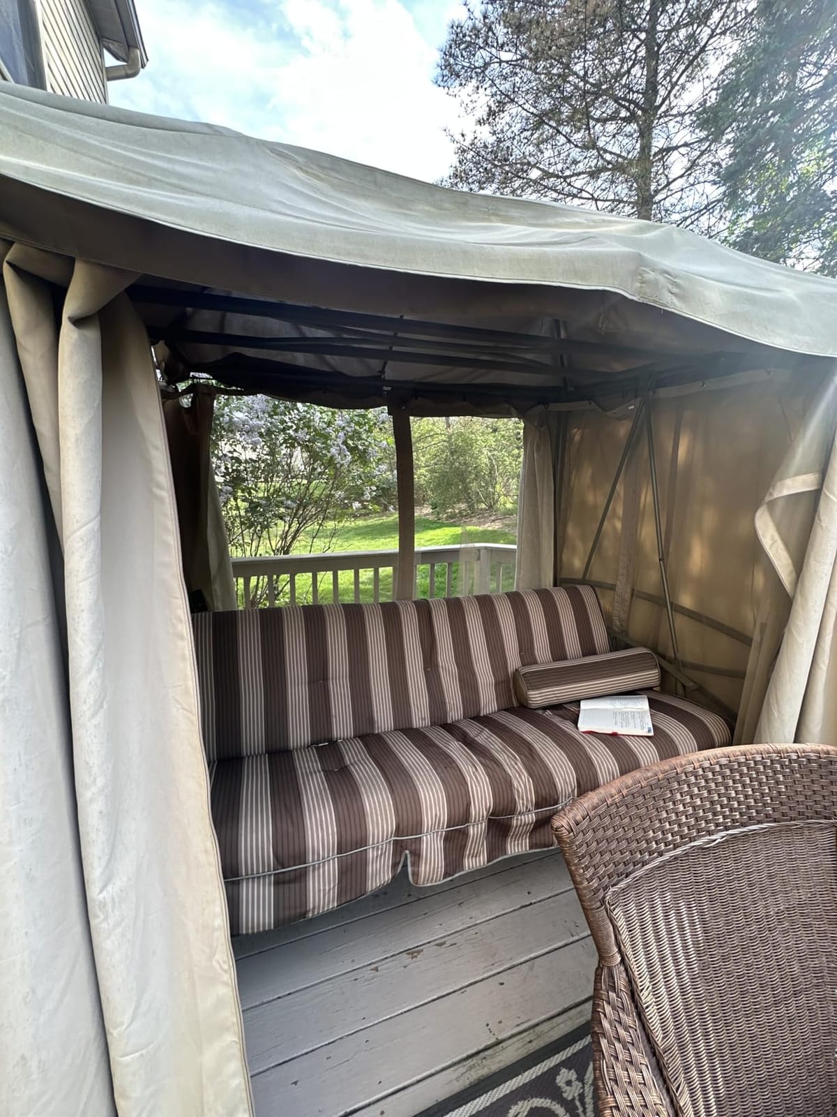 PURPLE LEAF 3-Seat Patio Porch Swing Gazebo with Netting and Curtain | Adjustable Reclining Backrest, Unique Double-top Canopy, Comfortable Swing Cushions and Pillows, Outdoor Lounging Experience customer photo 2