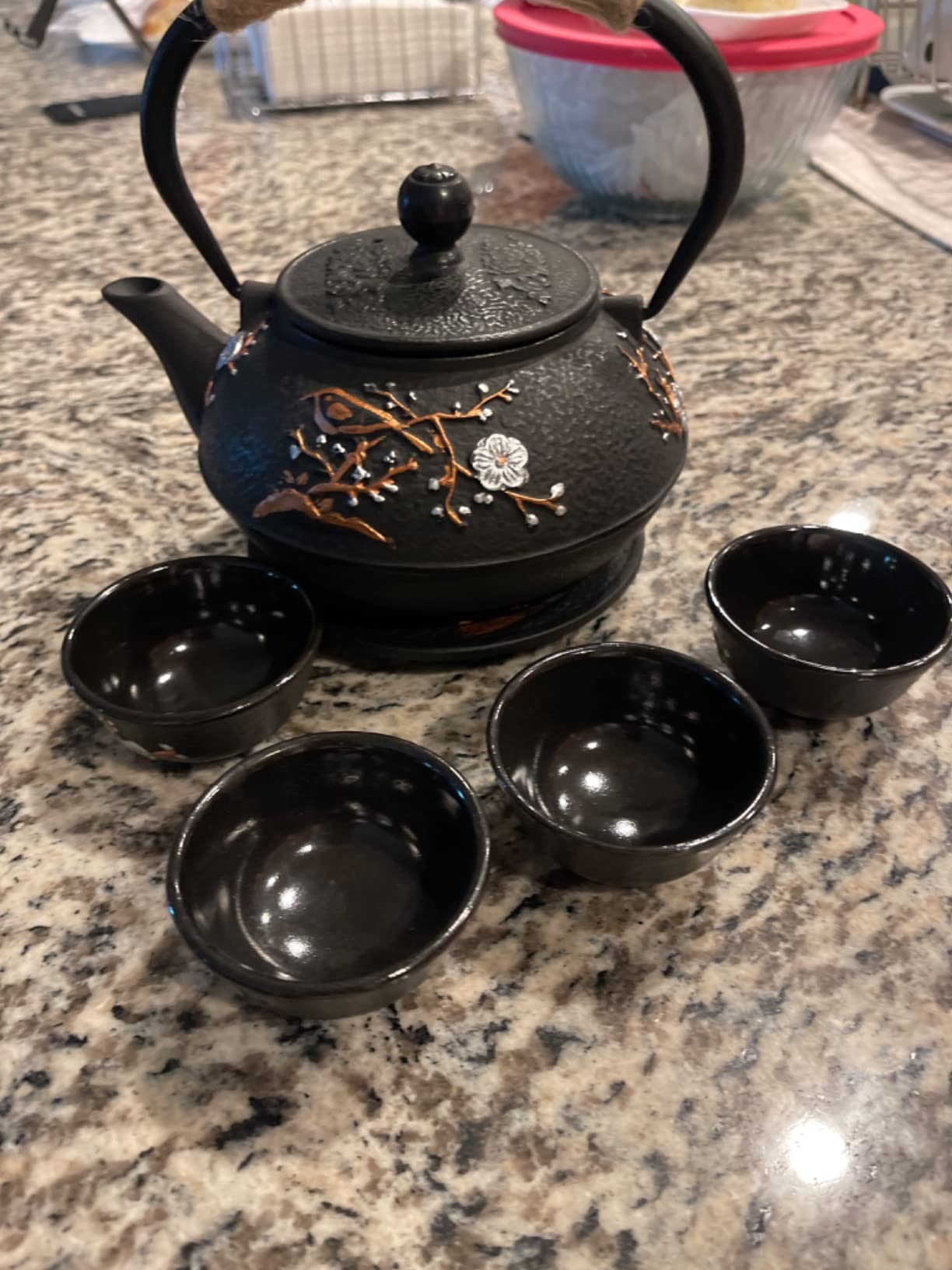 Japanese Style Cast Iron Teapot with Infuser Trivet Tetsubin Kettle | Chinese Tea Set for Adults Iron Tea Pots with 4 Tea Cups Black (Magpie and Plum Pattern) customer photo 1