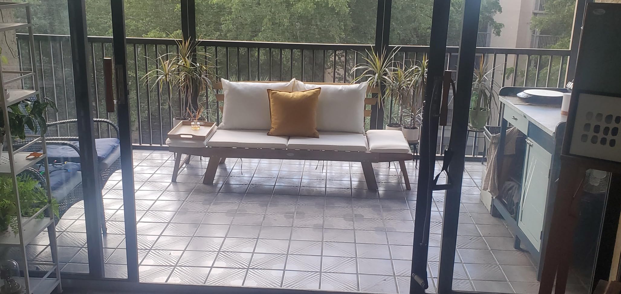 Tangkula Convertible Acacia Wood Patio Couch Sofa Bed with Adjustable Armrest, Outdoor Daybed with Cushion & Pillows, Outside Folding Futon Sofa Couch Bench for Porch, Courtyard, Poolside & Garden customer photo 1