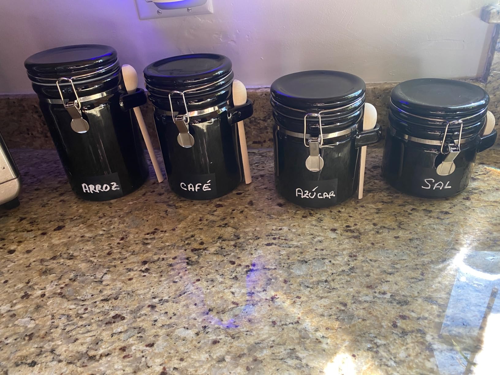 Home Intuition 4-Piece Ceramic Kitchen Canisters Set, Airtight Containers with Wooden Spoons and Chalk Labels (White) customer photo 1