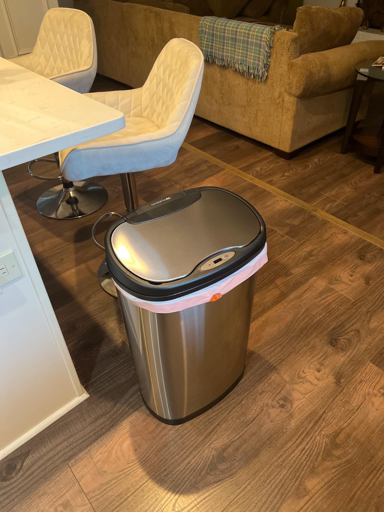 Ninestars 13 Gallon Oval Automatic Trash Can, 50L Touchless Motion Sensor Garbage Can with Odor-Sealing Lid & One-Touch Manual Mode, Silver Stainless Steel, Black Trim customer photo 1