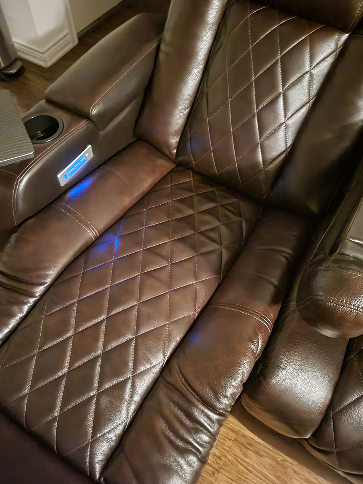Valencia Home Theater Seating Tuscany 2025 3-Seat Power Recliner with Center Console - Top Grain Nappa 11000 Leather, Cool Gel Memory Foam, USB-C/A Charging, RGB Lights (Dark Chocolate) customer photo 1