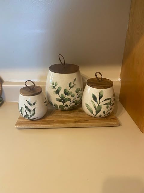 TTU Tabletops Gallery Ceramic Canister Collection - Stoneware Designed Kitchen Storage Embossed Acacia Wood White Set, 3 Piece customer photo 1