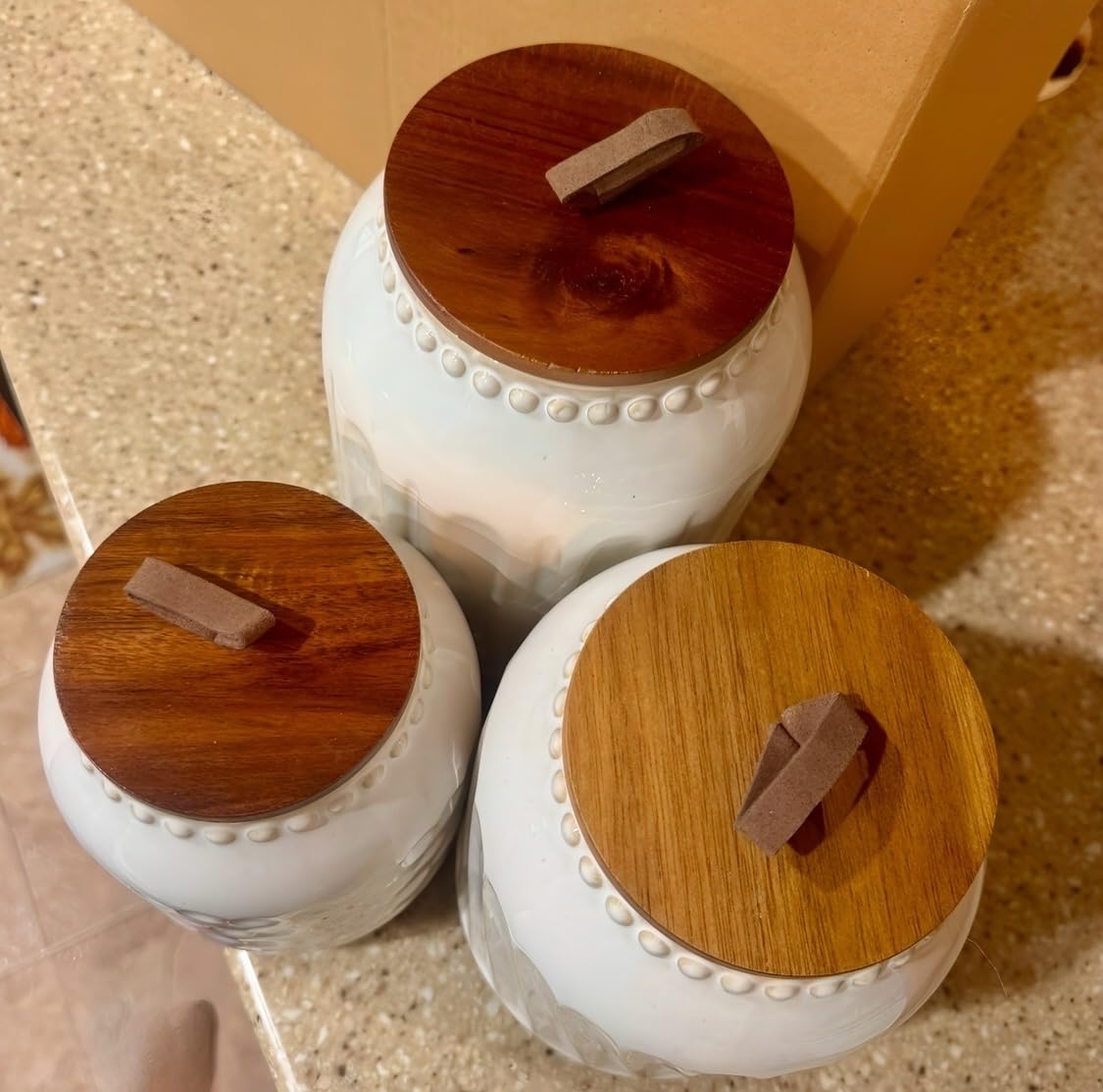 TTU Tabletops Gallery Ceramic Canister Collection - Stoneware Designed Kitchen Storage Embossed Acacia Wood White Set, 3 Piece customer photo 2