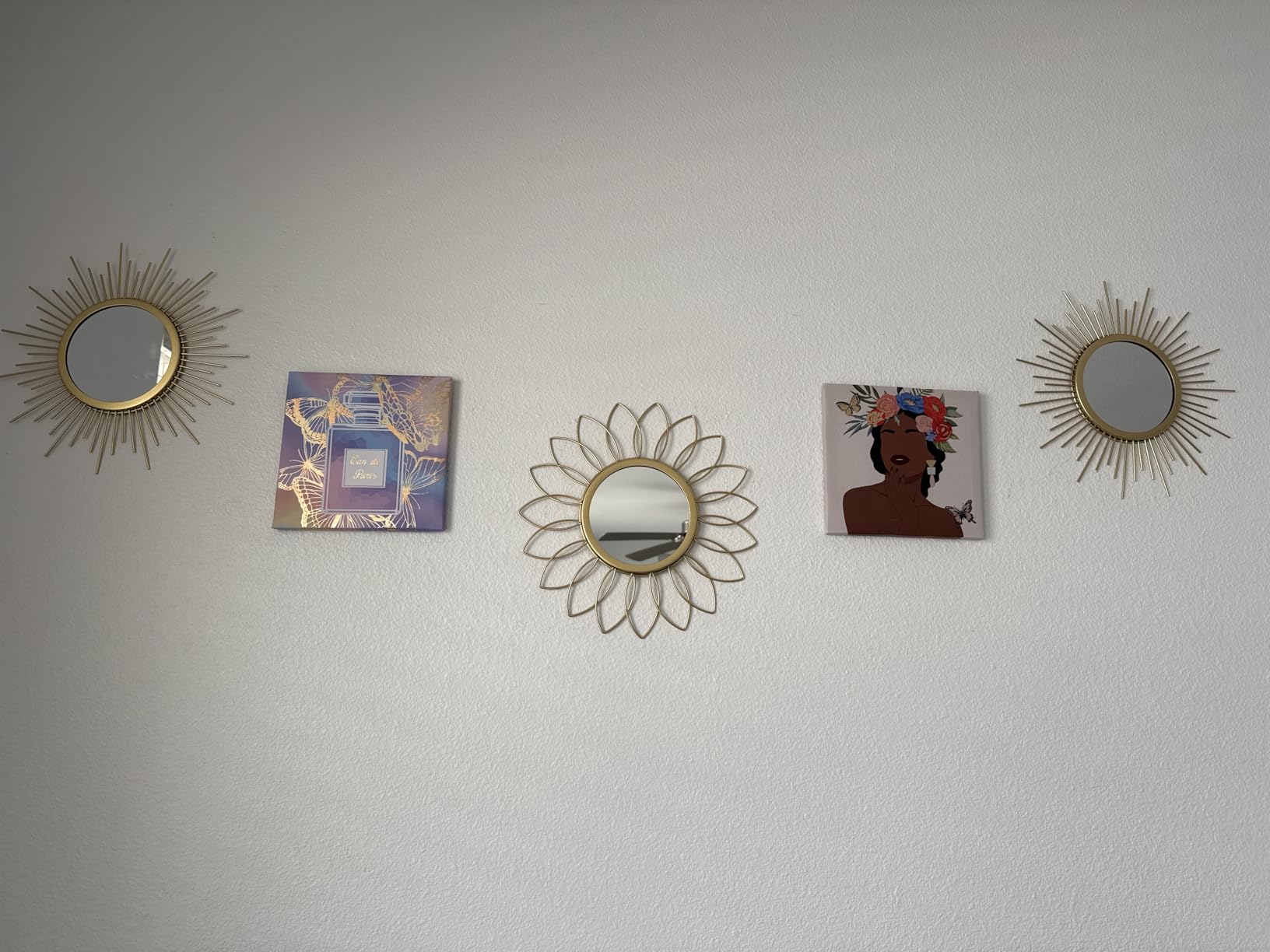 3 Pack Metal Mirrors for Wall Sunburst Wall Mirrors Home Décor Decorative Hanging Wall Art for Living Room Bedroom Entryway (Gold, Flower+Sunburst) customer photo 2