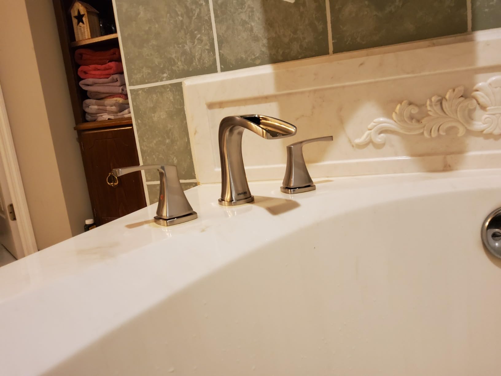 PARLOS Waterfall 2 Handle Widespread Roman Tub Faucet Brushed Nickel | 3 Hole Deck Mount Bathtub Filler with Valve & Supply Lines customer photo 1