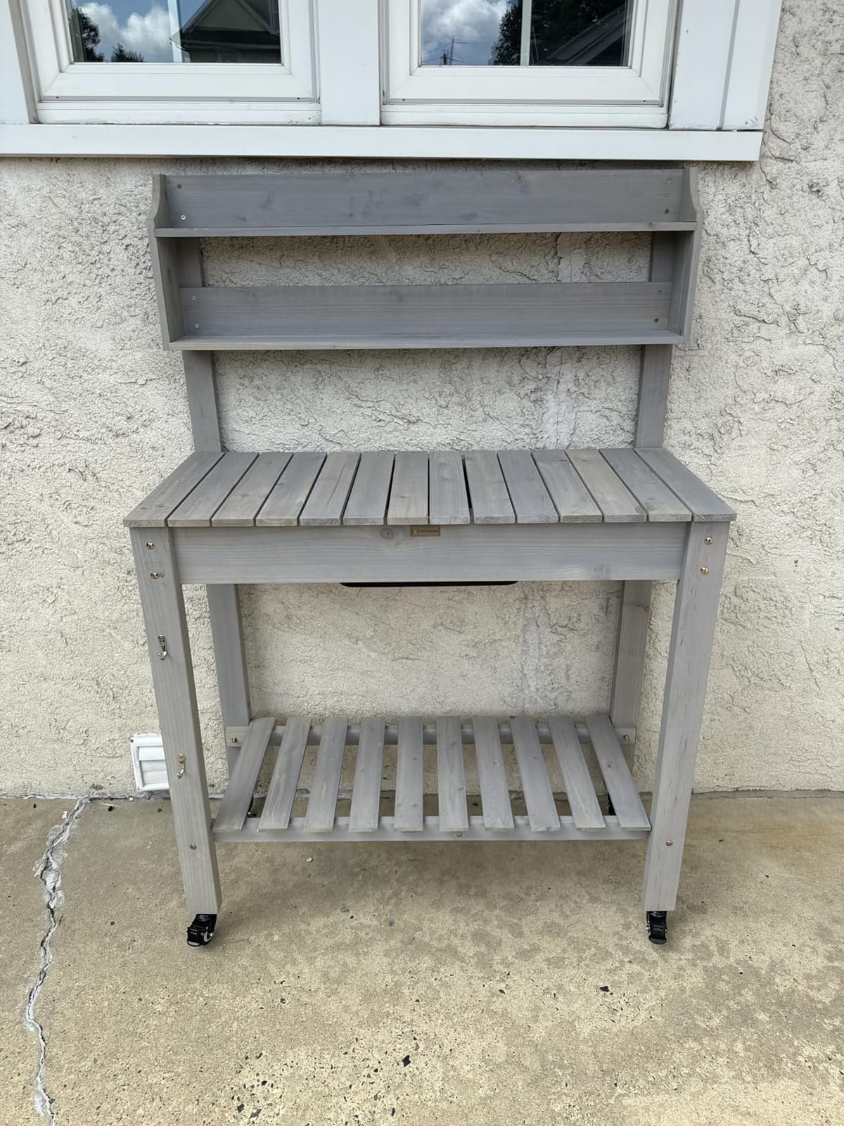 Best Choice Products Mobile Garden Potting Bench, Outdoor Wood Workstation Table w/Sliding Tabletop, 4 Locking Wheels, Food Grade Dry Sink, Storage Shelves - Brown customer photo 2