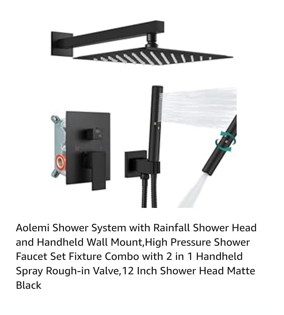Aolemi Shower System with Rain Head and Handheld, 12-Inch, Matte Black | High-Pressure Shower Faucet Set with Dual-Function Handheld, Rough-In Valve, 1.8 GPM, Wall-Mount Trim Kit customer photo 1