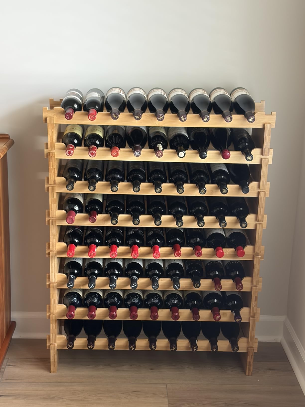 NutriChef 72 Bottle Wine Rack Stackable Bamboo Freestanding, 8-Tier Modular Shelf, Sturdy Wobble Free, Upgraded 2026 Design, Easy No-Tool Assembly for Kitchen, Cellar or Bar Storage 33.5