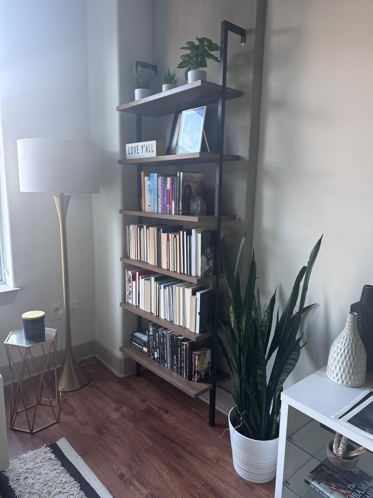 Nathan James Theo 6-Shelf Tall Modern Bookshelf, Wall Mount Ladder Shelf Bookcase with Wood and Industrial Metal Frame, Matte White customer photo 1