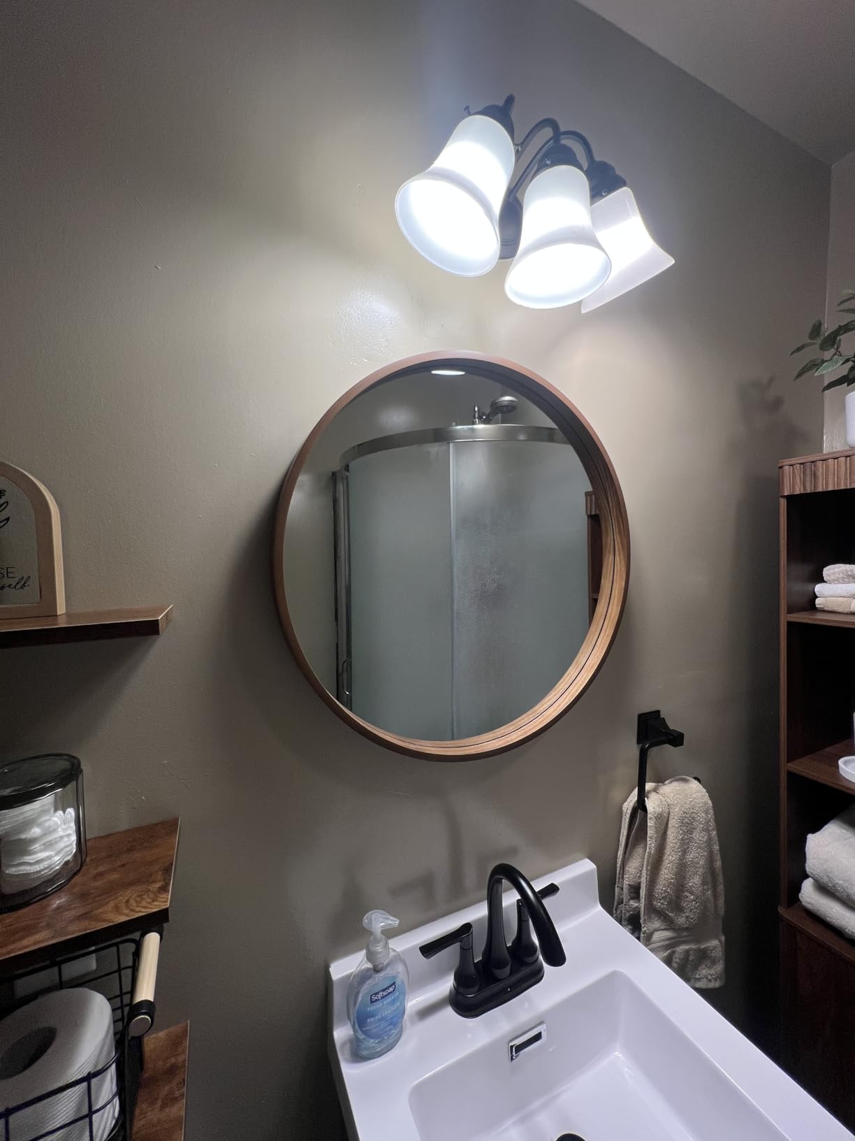 WallBeyond Wood Round Mirror with Wood Frame 24 inch Circle Wall Mirror for Bathroom Round Wall Mirror for Wall Decor, Vanity, Entryway Living Room (Walnut) customer photo 2
