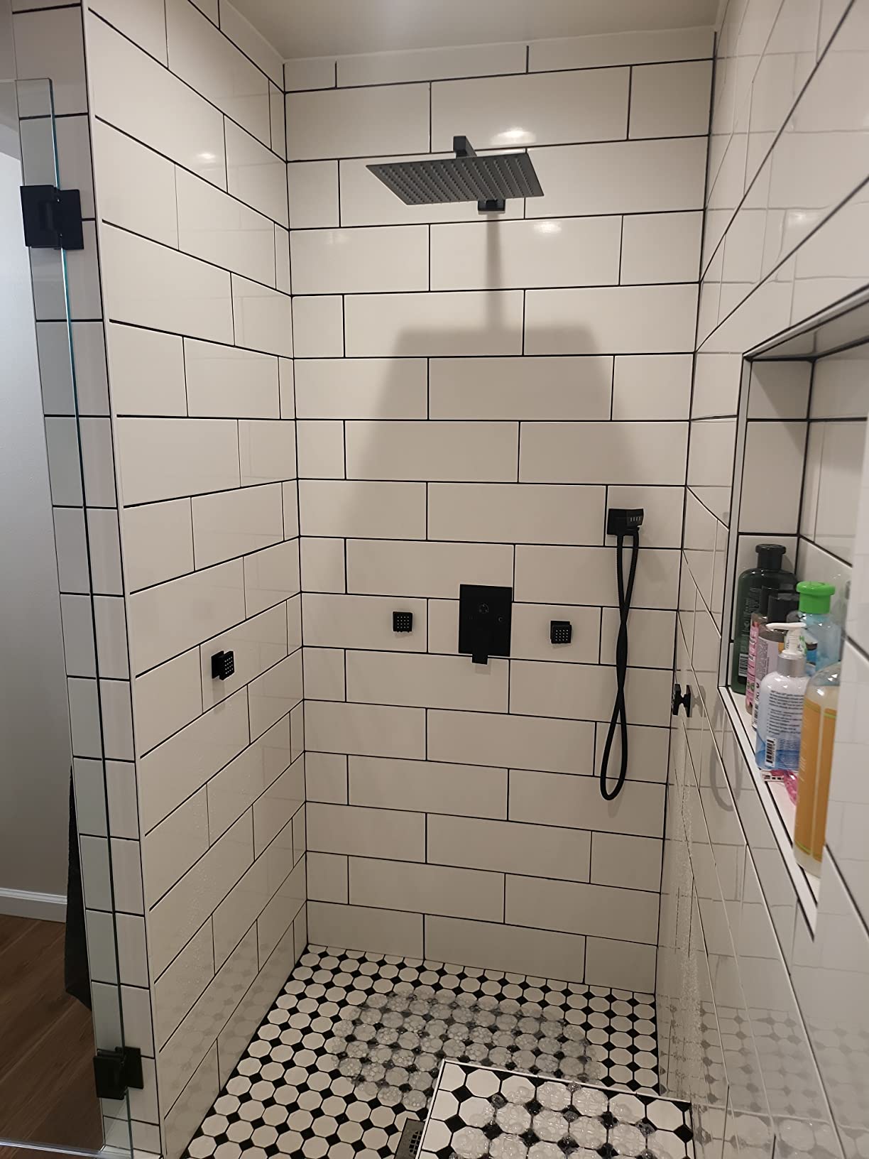 gotonovo Rainfall Shower System with Full Body Jets 6pcs Matte Black | 12'' Rainfall Shower Head with Handheld Spray Combo, Wall Mount, Rough-in Valve and Trim Kit, Brass Body Message Jets, All Metal customer photo 2